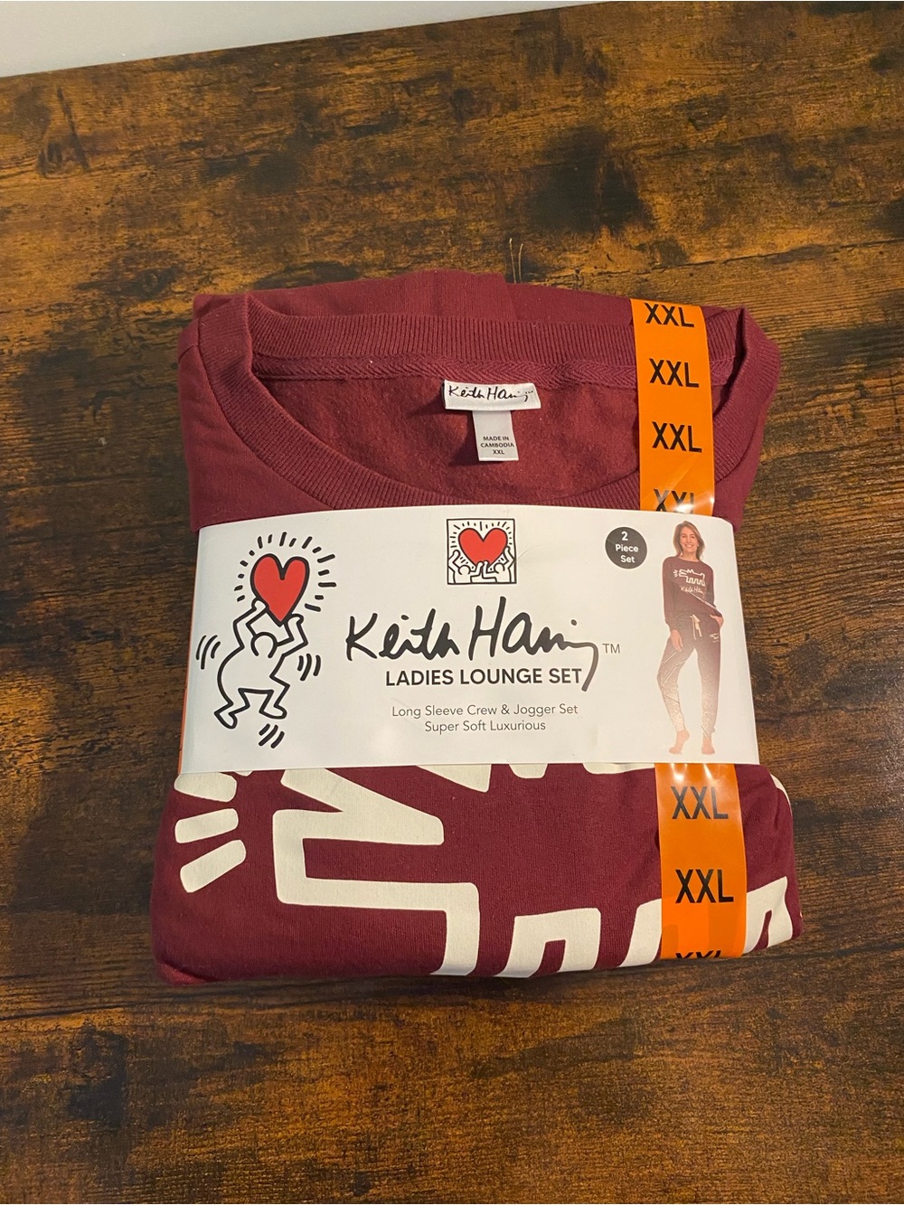 Keith Haring Ladies Maroon Lounge Set - Long Sleeve Crew & Jogger